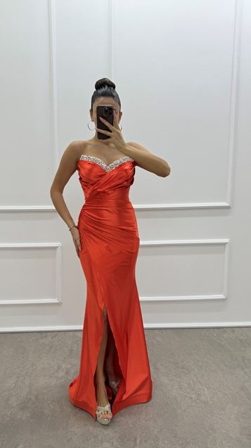Orange Strapless Chest Jeweled Design Satin Dress