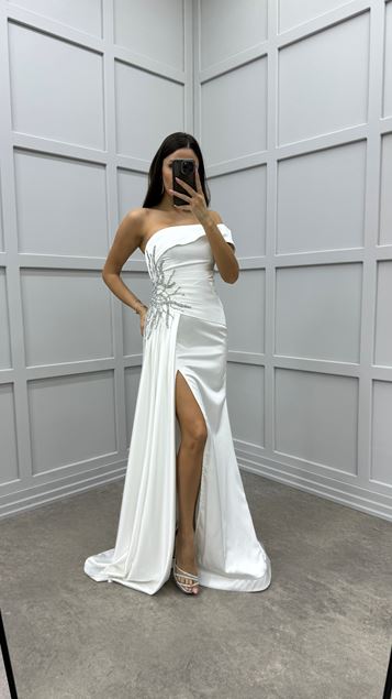 Blanc Bateau Col Taille Pierre Brodé Design Satin Robe De Soirée