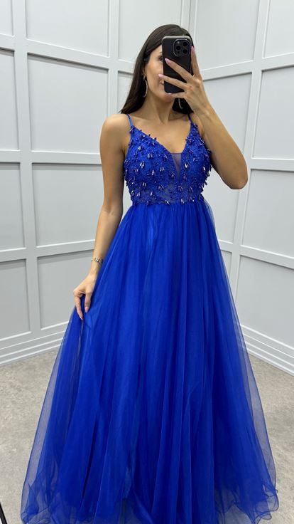 Saks Cuerda Correa Pecho Diseño Detalle Vestido De Noche De Tul