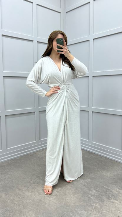 Mink Polka Dot Embroidered Waist Detail Design Plus Size Dress