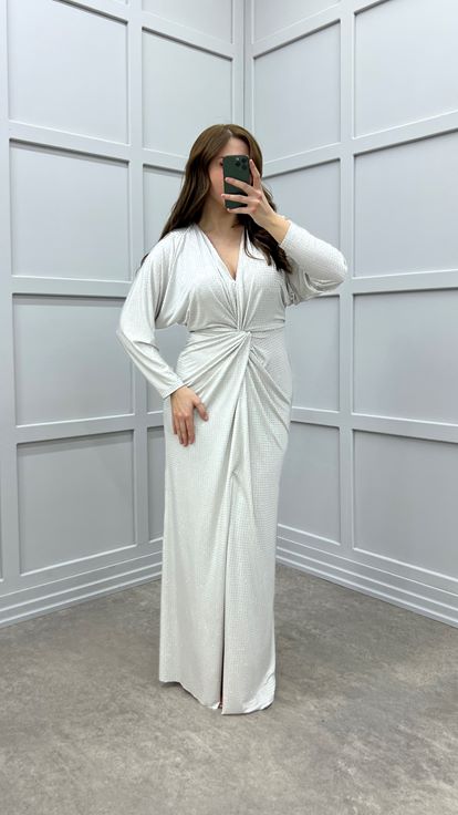 Mink Polka Dot Embroidered Waist Detail Design Plus Size Dress