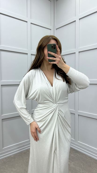 Mink Polka Dot Embroidered Waist Detail Design Plus Size Dress