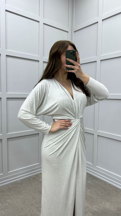 Mink Polka Dot Embroidered Waist Detail Design Plus Size Dress