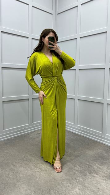 Sarı Puantiye İşlemeli Bel Detay Tasarım Büyük Beden Elbise