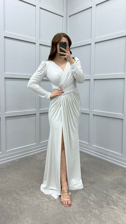 Mink V-Neck Waist Detail Design Plus Size Evening Dress