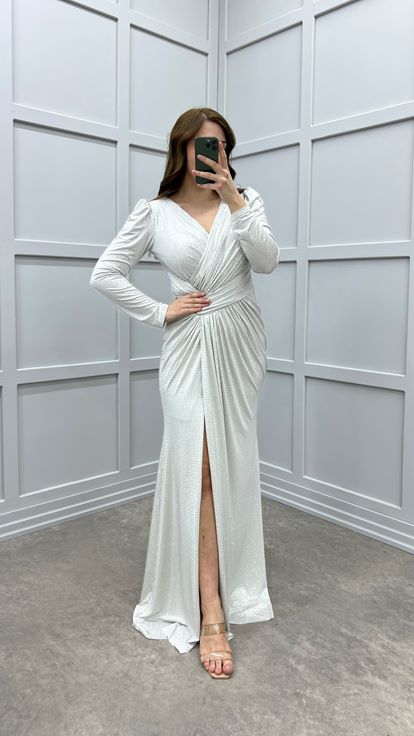 Mink V-Neck Waist Detail Design Plus Size Evening Dress