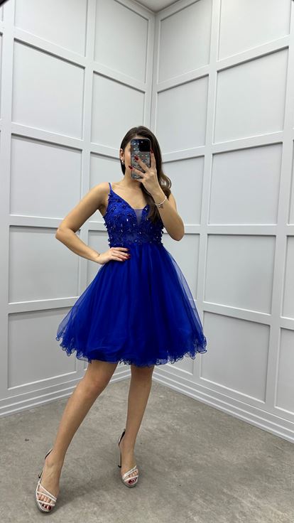 Saks İp Askılı Göğsü İşlemeli Tasarım Tül Elbise