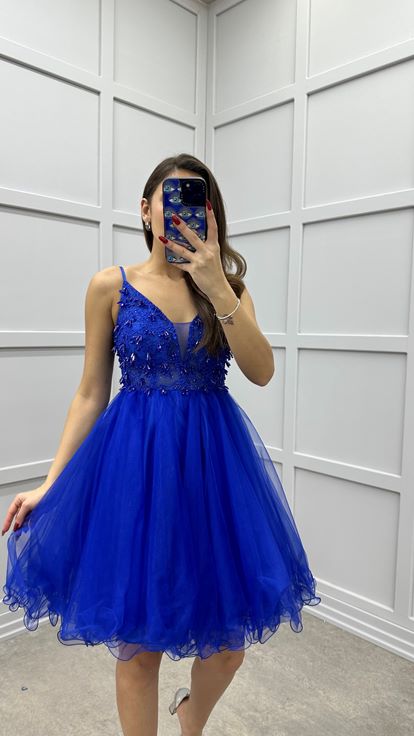 Saks İp Askılı Göğsü İşlemeli Tasarım Tül Elbise