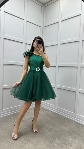 Shoulder Flounce Detail Belted Design Tulle Dress