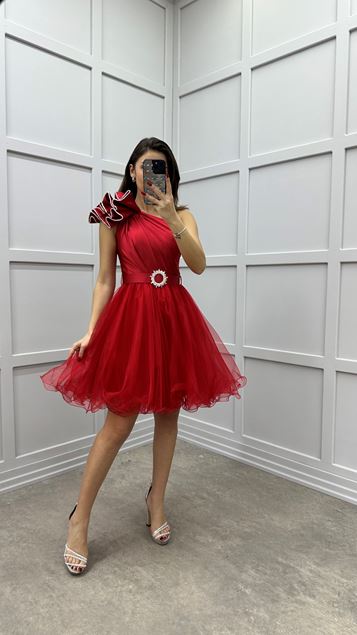 Shoulder Flounce Detail Belted Design Tulle Dress