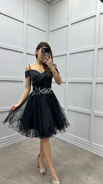 فستان من التول بتصميم ياقة قارب باللون الأسود مع بروش من الريش على الخصر