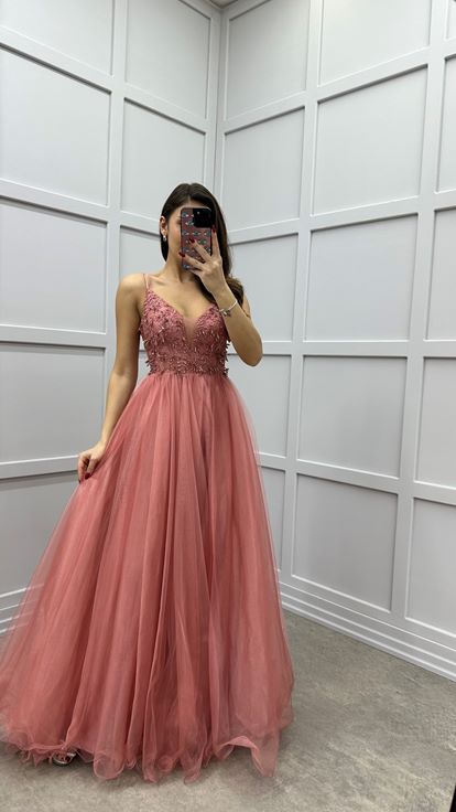 Pudra İp Askılı Göğüs Detay Tasarım Tül Abiye Elbise