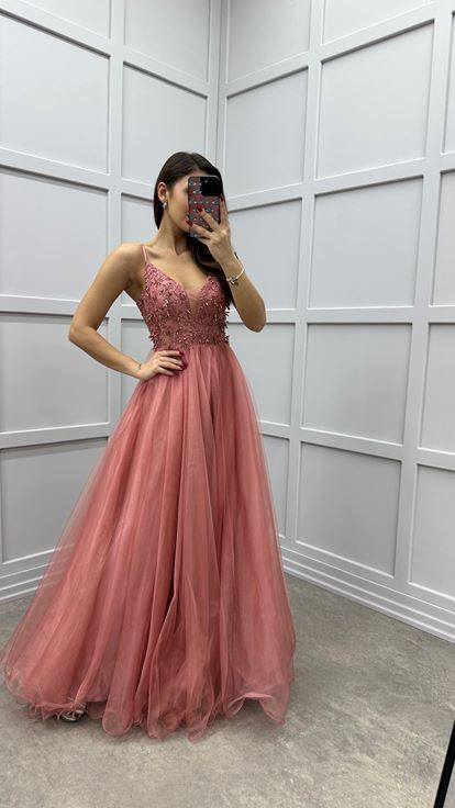 Pudra İp Askılı Göğüs Detay Tasarım Tül Abiye Elbise