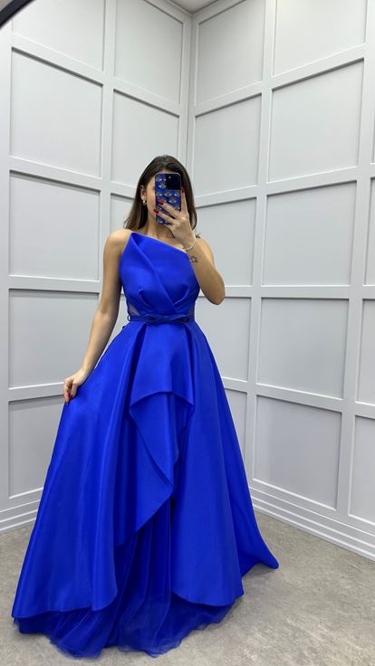 Saks Asimetrik Kesim Kemerli Tasarım Saten Abiye Elbise