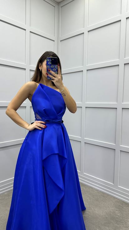 Saks Asimetrik Kesim Kemerli Tasarım Saten Abiye Elbise