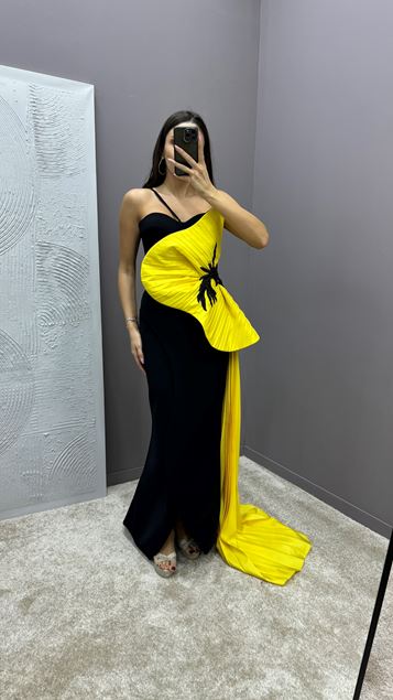 Sarı Straplez Bel Detay Tasarım Abiye Elbise