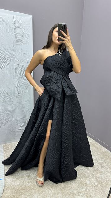 Black One Shoulder Bow Detail Jacquard Design Evening Dress