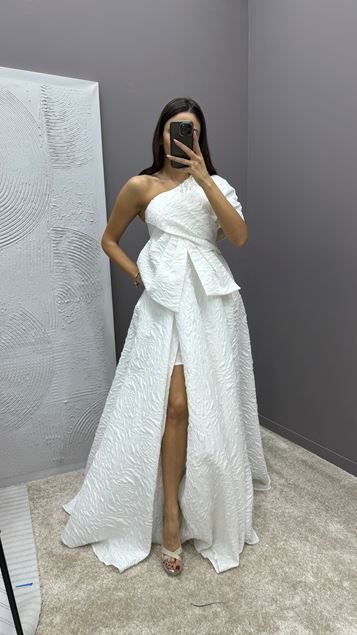 Beyaz Tek Omuz Fiyonk Detay Jakar Tasarım Abiye Elbise