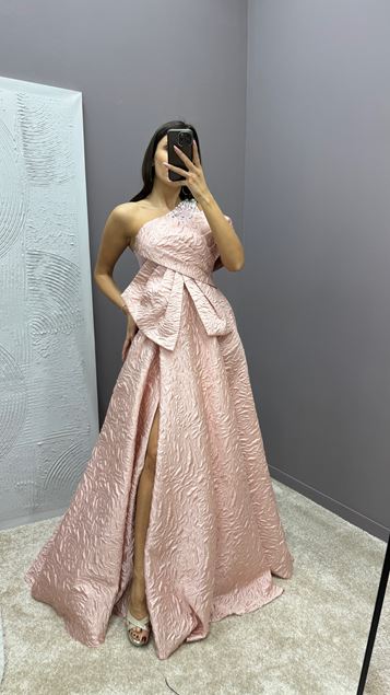 Powder One Shoulder Bow Detail Jacquard Design Evening Dress