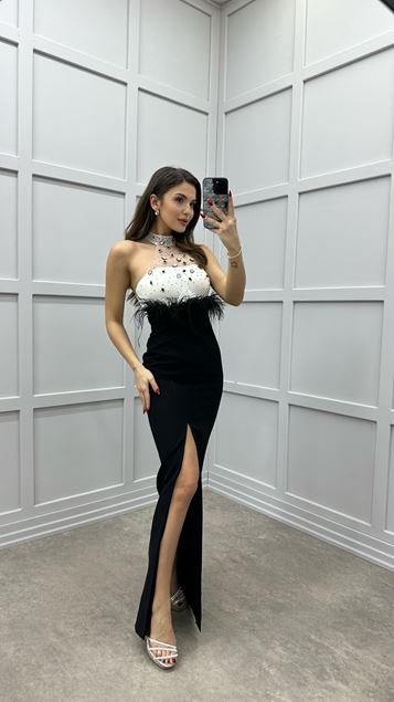 Black Neck Detail Waist Feather Design Dress