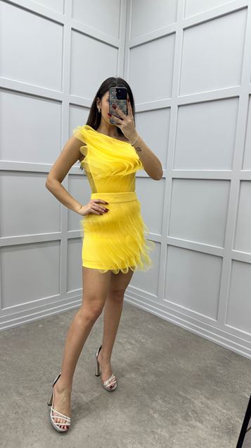 Sarı Tek Omuz Tül Detay Tasarım Elbise