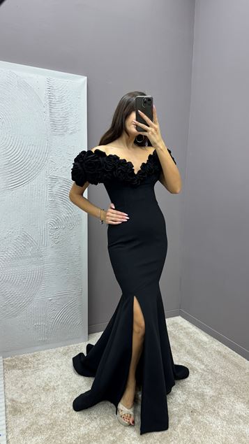 Black Chest Rose Detail Slit Design Evening Dress