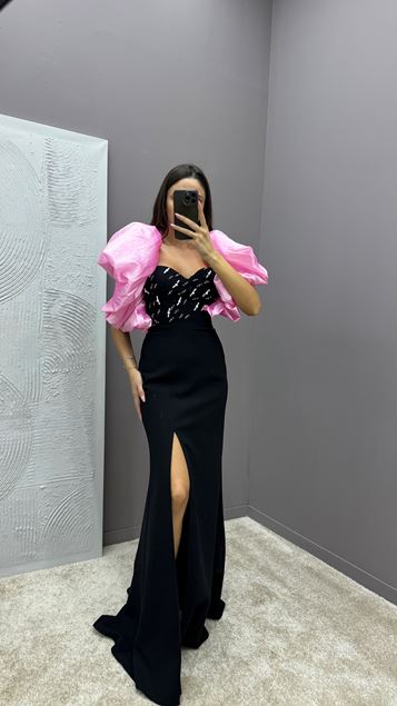 Vestido de noche de diseño bordado en el pecho globo de mangas rosas