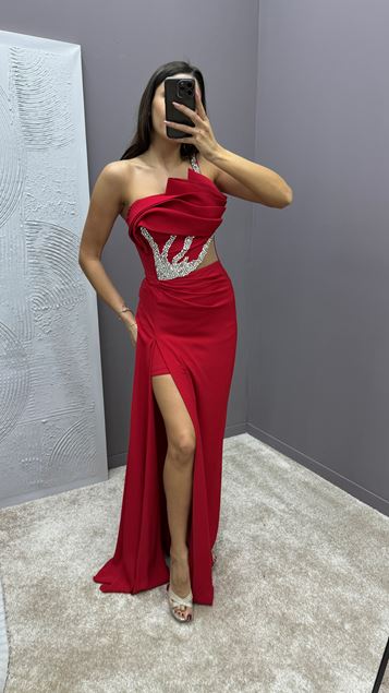 Kırmızı Tek Omuz Beli Transparan İşleme Detay Tasarım Elbise