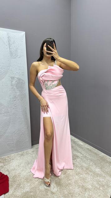 One Shoulder Waist Transparent Embroidery Detail Design Dress