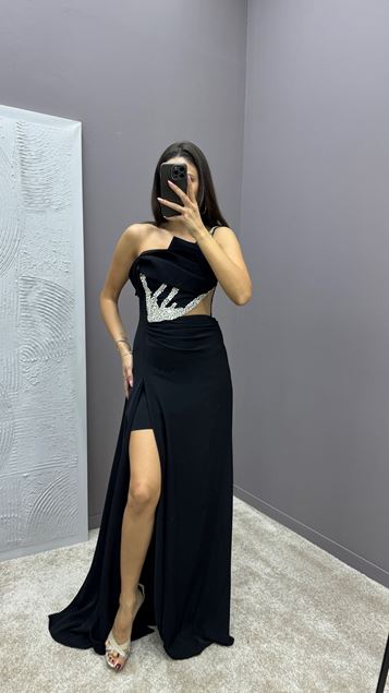 Siyah  Tek Omuz Beli Transparan İşleme Detay Tasarım Elbise