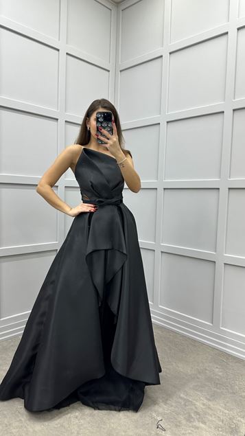 Black Asymmetrical Cut Belted Design Satin Evening Dress