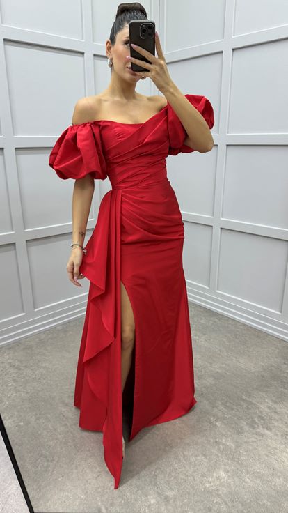 Red Balloon Sleeve Waist Detail Design Satin Evening Dress