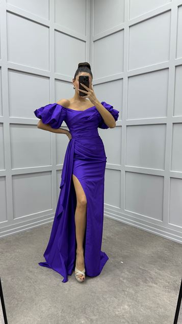 Violet Ballon Manches Taille Détail Design Satin Robe De Soirée