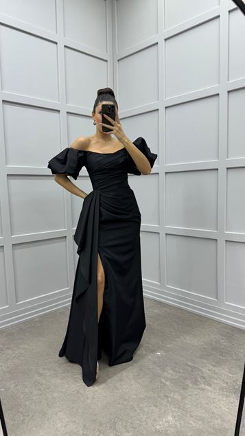 Siyah Balon Kol Bel Detay Tasarım Saten Abiye Elbise