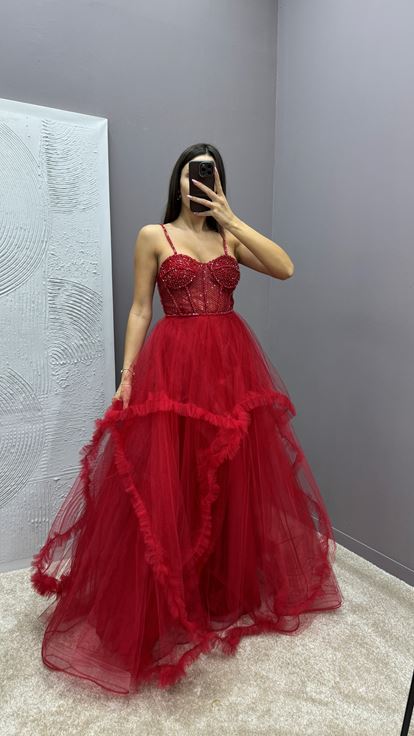 Red Rope Strap Transparent Detail Design Tulle Evening Dress