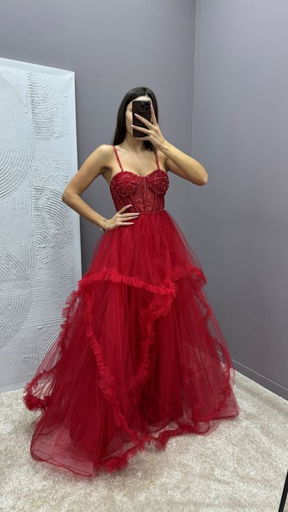 Red Rope Strap Transparent Detail Design Tulle Evening Dress
