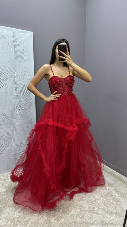 Red Rope Strap Transparent Detail Design Tulle Evening Dress