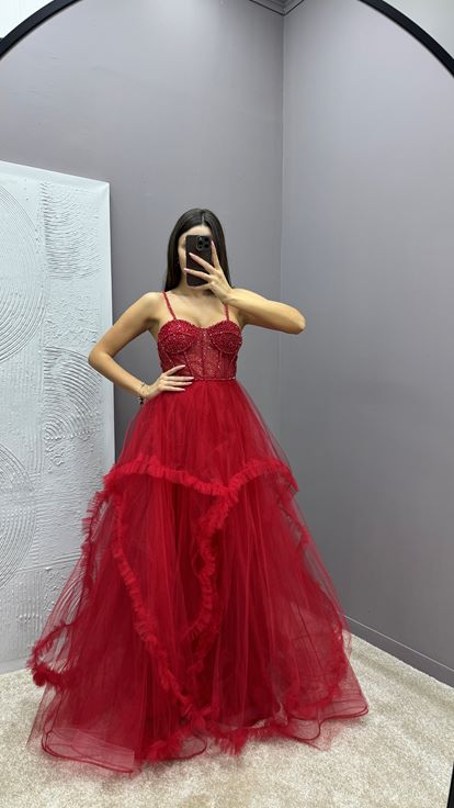 Red Rope Strap Transparent Detail Design Tulle Evening Dress