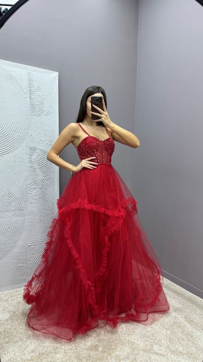 Red Rope Strap Transparent Detail Design Tulle Evening Dress