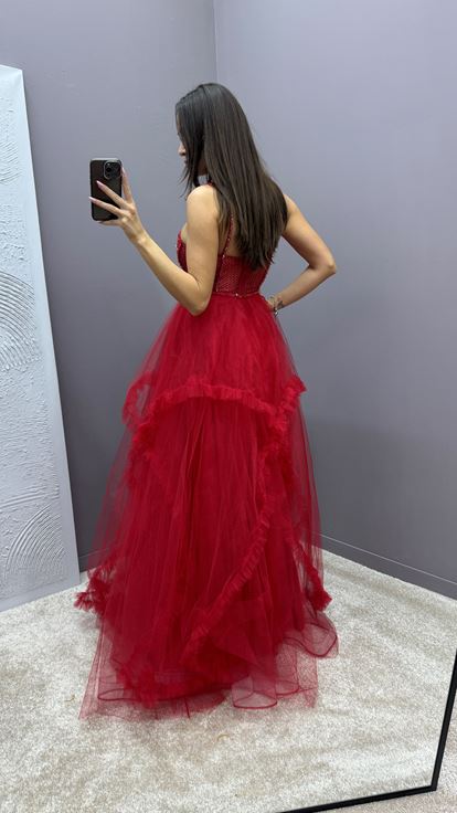 Red Rope Strap Transparent Detail Design Tulle Evening Dress