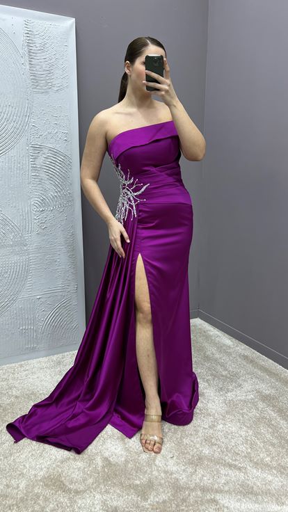 Fuchsia Madonna Collar Waist Stone Embroidered Design Satin Plus Size Evening Dress