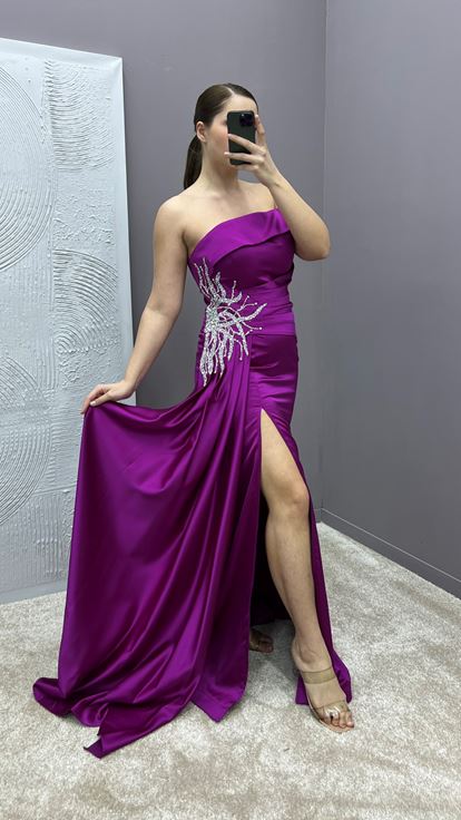 Fuchsia Madonna Collar Waist Stone Embroidered Design Satin Plus Size Evening Dress