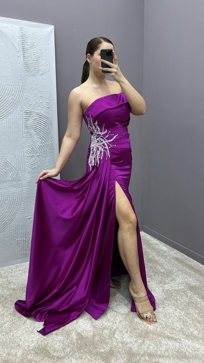 Fuchsia Madonna Collar Waist Stone Embroidered Design Satin Plus Size Evening Dress