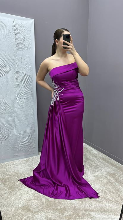 Fuchsia Madonna Collar Waist Stone Embroidered Design Satin Plus Size Evening Dress