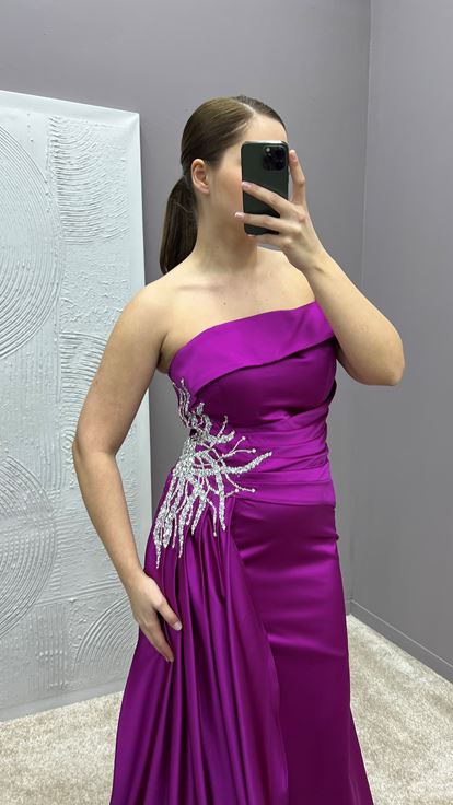 Fuchsia Madonna Collar Waist Stone Embroidered Design Satin Plus Size Evening Dress
