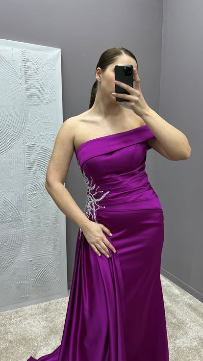 Fuchsia Madonna Collar Waist Stone Embroidered Design Satin Plus Size Evening Dress