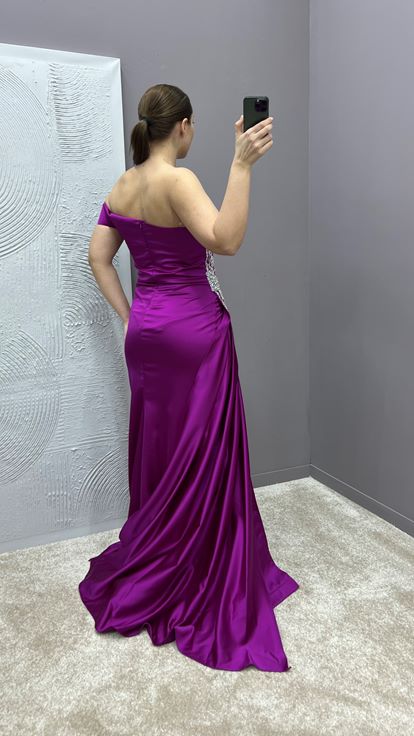 Fuchsia Madonna Collar Waist Stone Embroidered Design Satin Plus Size Evening Dress