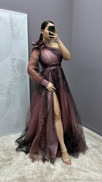 Powder One Shoulder Rose Detail Patterned Design Tulle Plus Size Evening Dress