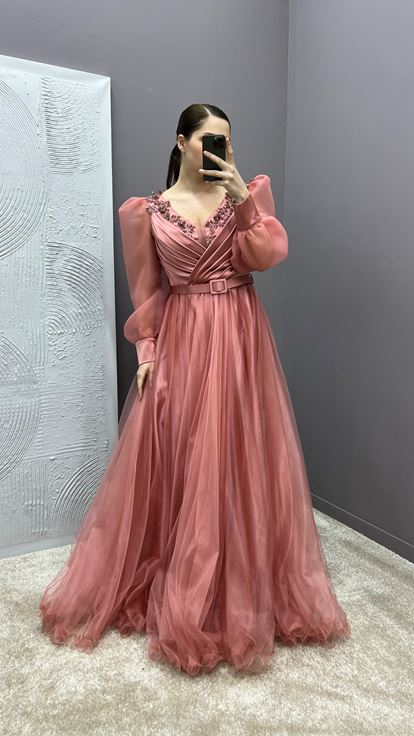 Dried Rose Chest Detail Balloon Sleeve Embroidered Design Tulle Plus Size Evening Dress