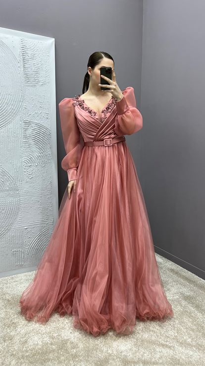 Dried Rose Chest Detail Balloon Sleeve Embroidered Design Tulle Plus Size Evening Dress